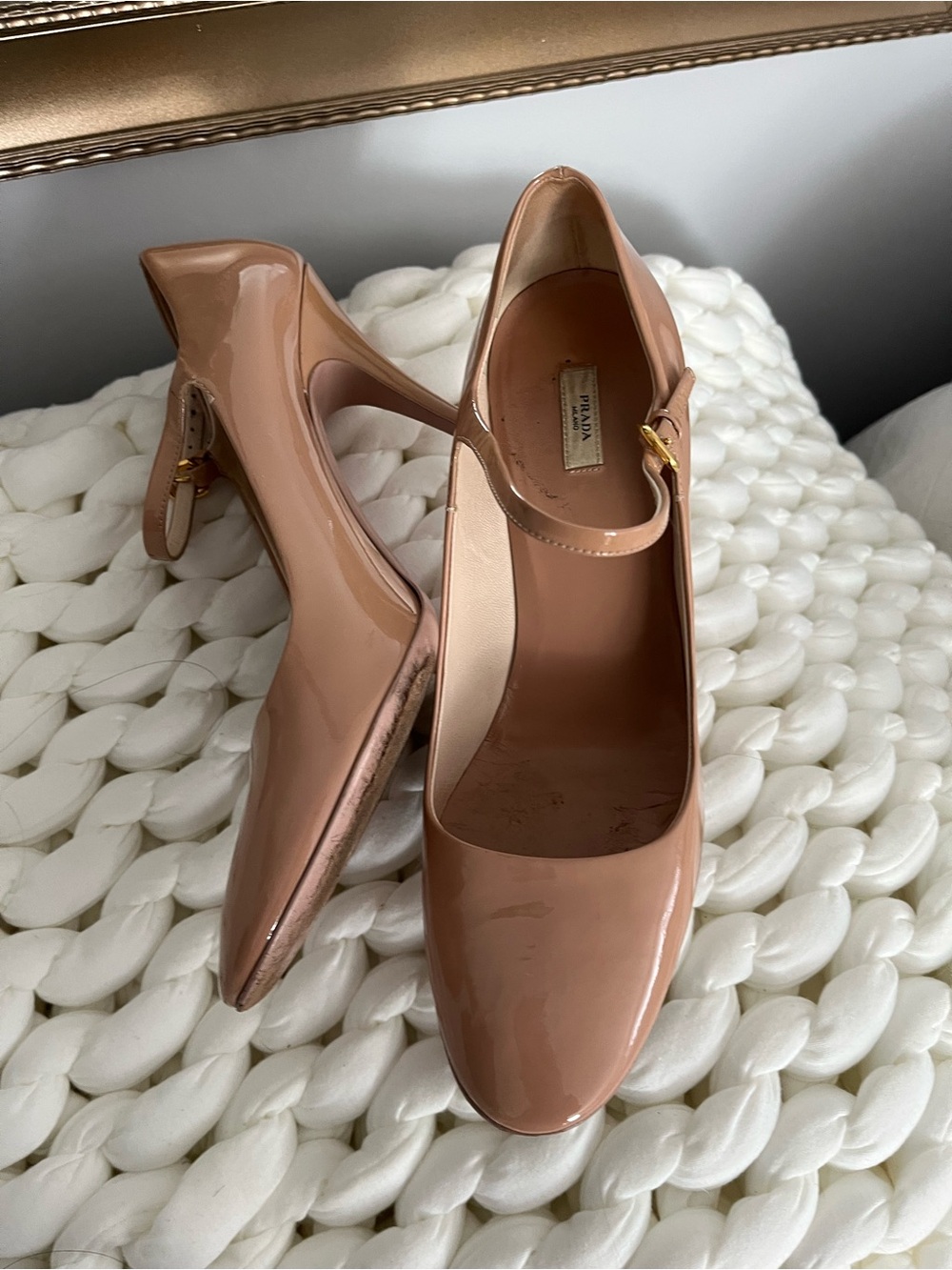 Prada Glossy Patent Mary Jane Pumps in Nude Beige